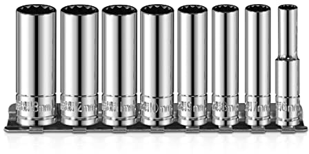 Jeu de douilles 1/4 - 8 pièces métriques à 12 pans (6 mm, 7 mm, 8 mm, 9 mm, 10 mm, 11 mm, 12 mm, 13 mm) - Acier au chrome vanadium avec support robuste - 50BV30