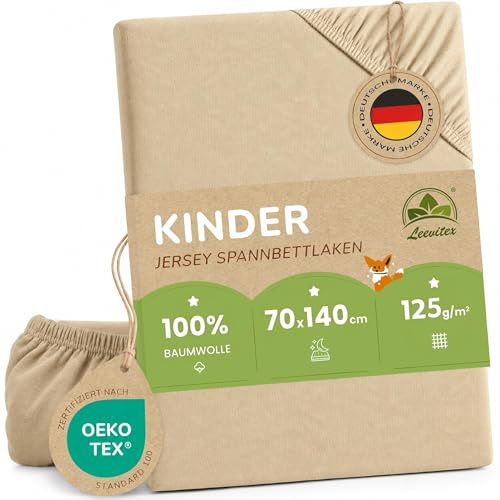 leevitex Kinder Spannbettlaken, 70x140cm, Für Babybett & Kinderbett, 1er Set, 100% hochwertige Mako-Jersey-Baumwolle, Sand/Beige