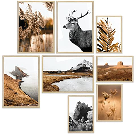 Heimlich® Premium Poster Set mit Bilderrahmen Holz Eiche | 4 x DIN A3 & 4 x DIN A4 - ca. 30x42 & 21x30 | Stilvolle Poster Collagen mit modernen Bilder als Wanddeko |» Hirsch Deko «