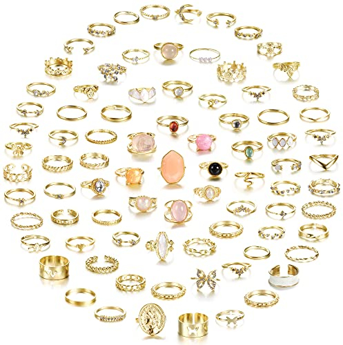 JeryWe 82 Stück Ringe Set für Damen Vintage Boho Knuckle Ring Kristall CZ Schlange Herz Stapelbare Fingerringe Böhmischen Trendige Stapelbare Midi Ring Gold