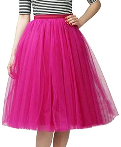 Damen A-Linie Knielang Abschlussball Party Tüll Tutu Rock, 25,5'' Tüll Feenrock Elastisches Mesh mehrlagiges Tuturock Hochzeit, Elastische Taille Midirock, Plissee Petticoat (A05-Hot Pink, One Size)