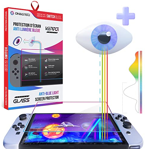 Oniverse Protection écran Switch OLED - Verre trempé Anti-lumière Bleue compatible Nintendo Switch - Film de protection pour écran - Résistant et Anti Rayures