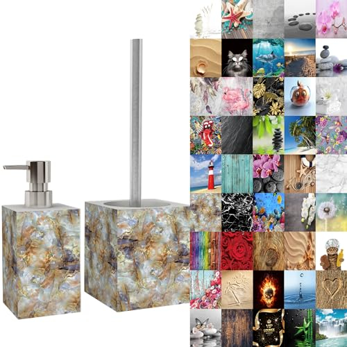 Sanilo Badezimmer Set, Seifenspender und WC Bürste mit Motiv, große Auswahl, Klobürste ohne Bohren, schöne Designs (Marmor Braun)