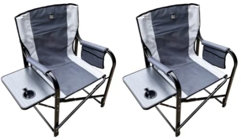 OLPRO Set of 2 Folding Directors Chairs – Grey – Strong Camping Chairs for Adults with Folding Table, Cup Holder & Storage Pouch – Ideal for BBQs, Garden & Outdoor Use
