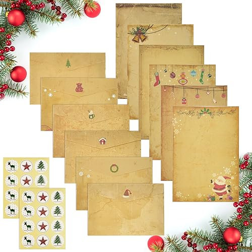 TANCUDER 24 Stück Weihnachts Briefpapier mit Umschläge Set Grußkarten Weihnachten Kraftpapier Vintage Briefpapier Weihnachtskarten mit 24 Aufklebern für Familie, Freunde, Jubiläum, Abschluss, Party