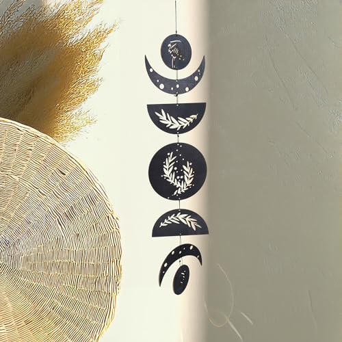 Happilax Mondphasen Wanddeko aus 7 Mondelementen - Mond Deko - Handgefertigte schwarze Boho Holzdekoration für eine entspannte Atmosphäre in Schlafzimmer, Moon decor - Wohnzimmer, Büro - 16x78 cm