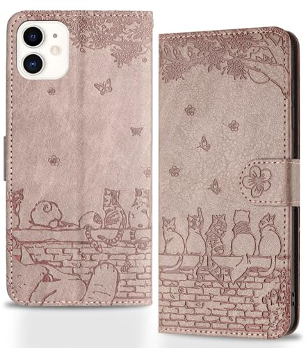 Butnyeoe Handyhülle für iPhone 12/iPhone 12 Pro,Zaunkatzen Klappbar Hülle,Geprägtes PU Leder Wallet Schutzhülle Tasche Flip Case,Magnetische Klapphülle mit Kartenfach Standfunktion,Rosa-Violett