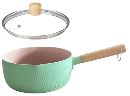 RSBFER Casserole japonaise Yukihira, casserole à lait en acier inoxydable avec manche en bois et couvercle en verre pour la cuisson, nouilles, soupes, lait chaud,Vert,20cm/7.9in