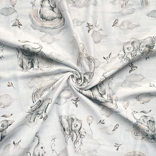 Textrend Baumwollstoff als Meterware - Baumwollmusselin - Stoff zum Nähen - 100% Baumwolle - Textilien 1x1,6m - Animalische Muster (Pastellfarbene Elefanten mit Regenbogenbeige)