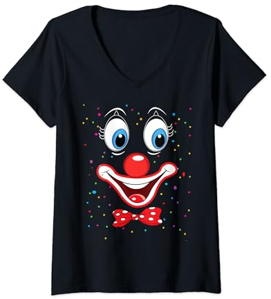 Damen Karnevalskostüm Fasching Kostüm Lustige Clown Konfetti T-Shirt mit V-Ausschnitt