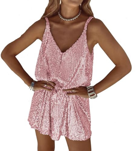 LIAOPUFUS Vestido Corto de Tirantes para Mujeres, Falda de Lentejuelas Relajado Vestido de Tirantes Sexy de Cuello V (005 Pink, L)