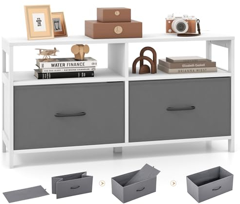 KOMFOTTEU Kommode mit 2 Schubladen, Beistellschrank Aufbewahrungsschrank mit offenen Regalen & 2 klappbaren Stoffschubladen, Schubladenschrank Sideboard 100 x 30 x 53 cm