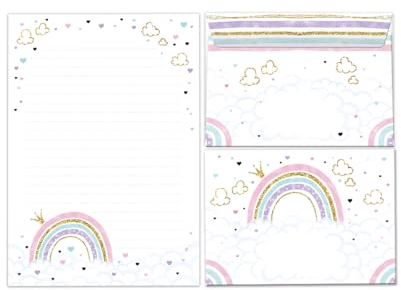 Briefpapier-Set Briefblock mit Umschlag für Mädchen Kinder Regenbogen Tiere Kindermotiv Briefbögenblock liniert (Block A5 mit 25 Blätter + 15 Umschläge)