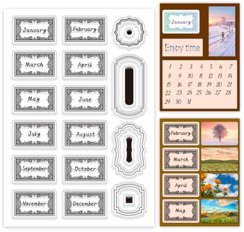 PH PandaHall Kalendermonat Transparentstempel Silikonstempel Mit Retro Rahmen Monate Gummistempel Transparente Siegelstempel Für Die Gestaltung von Urlaubskarten Scrapbooking