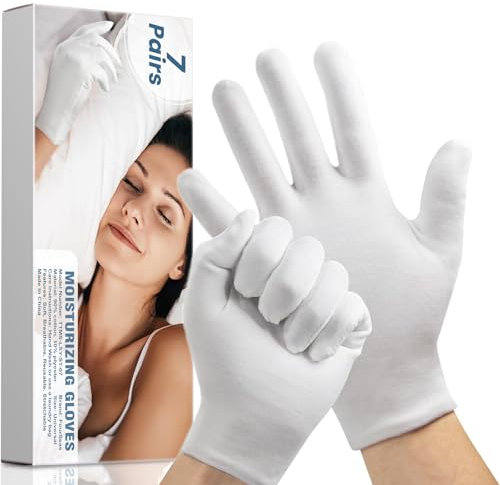 7 pares de guantes de algodón blanco, guantes de algodón transpirables para dormir las manos secas, guantes lavables para eccema hidratante durante la noche para mujeres y hombres, guantes de trabajo