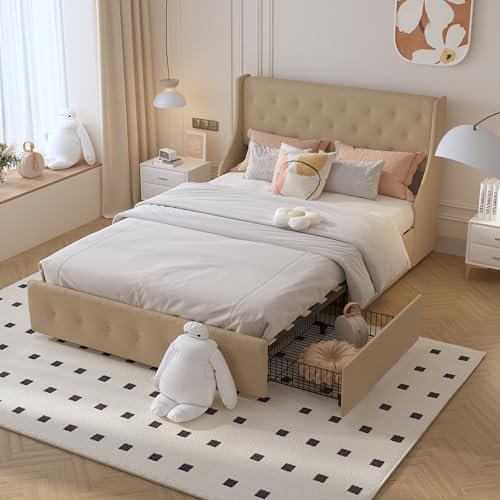 FLEXISPOT King Size Bed Frame Upholstered Platform 4 Drawers Storage and Headboard, Sturdy Wood Slat Support, No Box Spring Needed, Easy Assembly, Double Bed Frame Beige 160 * 210CM