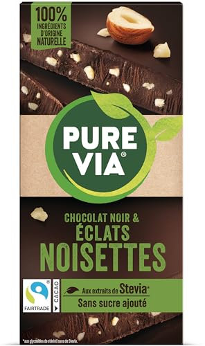 Pure Via Tablette Chocolat Noir & Éclats Noisettes à la stevia, sans sucre ajouté, Équitable 100g