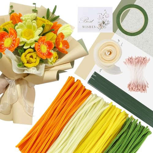300 Stück Pfeifenreiniger Blumen, 4 Farben Pfeifenreiniger zum Basteln, Muttertagsgeschenk, Pfeifenreiniger Blumenstrauß, Pfeifenputzer Blumen für Sonnenblumensträußen Muttertagsgeschenke für Mama
