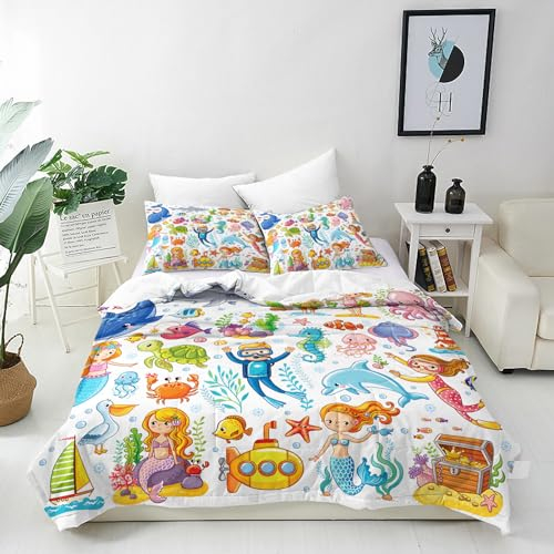 ANHOPE Ozean Delphin Oktopus Hai Bettwäsche Set Microfaser Bettbezüge mit Reißverschluss 2 Teilig Bettbezug 135x200 cm + Kissenbezug 80x80 cm Weich Bettdeckenbezug Set für Kinder Jungen Mädchen