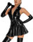Damen-Kleid mit Rüschen und Reißverschluss aus Lackleder, Cubwear, Wetlook, Stehkragen, ärmellos, Latex-Kleid – Schwarz – S