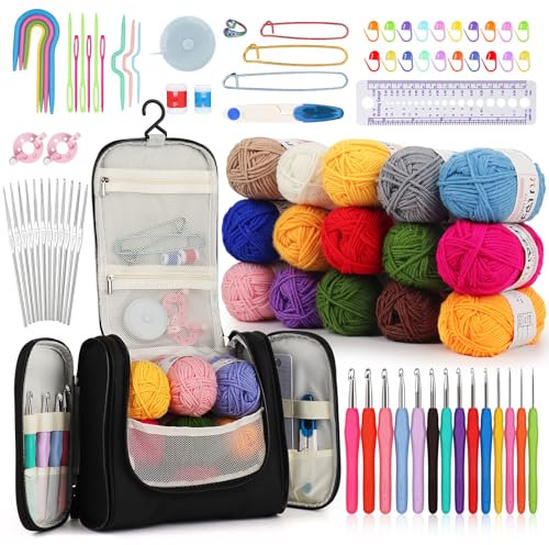 Aeeque Häkelset mit 15 Acrylwolle, Häkel Set für Anfänger Erwachsene, Hekeln-Set zum Häkeln Schals, Pullover, Hut, Komplett Häckel Kit mit Zubehör, Crochet Set Beginner mit Ergonomisch Häkelnadel