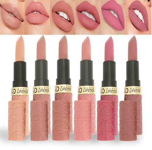 ausurme 6Pcs Matte Lipstick Set,Moisturizing Lipsticks for Women,Long Lasting Waterproof Lipstick Makeup Gift Set,Non-Stick Cup Lipstick,6 Colors,Nude/Pink/Rose Red/Brown/Mauve(Set A)