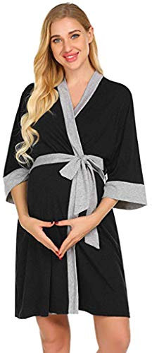 Robe de maternité à manches 3/4 pour femme enceinte - Chemise de nuit en coton - Col en V - Chemise de nuit d'allaitement - Longueur genou - Robe de nuit - Grande robe pour femme - Robe moulante à