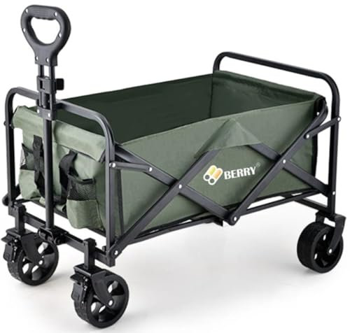 Berry 100KG Festival Trolley, Heavy Duty Camping Trolley with Wheels, Space Saving Foldable Wagon Cart for Outdoor Hauling, Beach Trips, Grocery, Sports, Fishing - Green