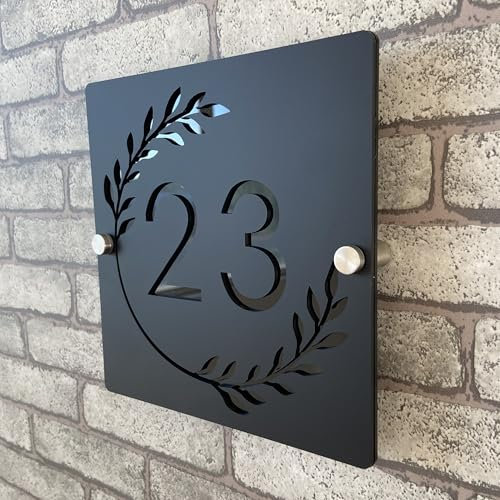 Placa de Número de Casa Personalizada en Acrílico 3D Bicolor (Negro y Negro Brillante) con Números Flotantes y Guirnalda, para Interior y Exterior, Ideal para Hogares, Hoteles, Apartamentos y Tiendas