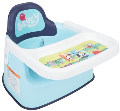 The First Years Bluey Booster Seat for Kitchen Chair- Includes Removable Tray - Contoured Toddler and Baby Seat with 3-Point Harness for Mealtime - Lightweight Portable Travel Booster Seat