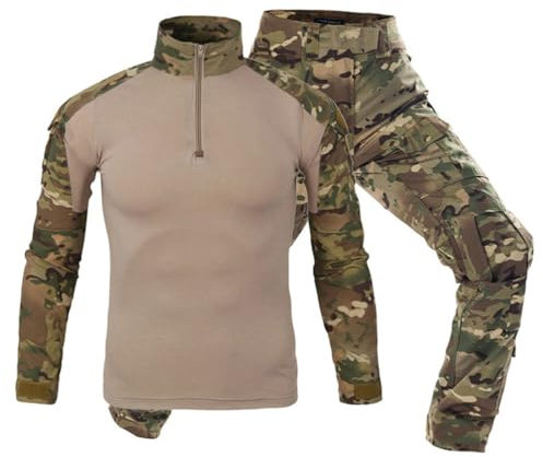 Oanviso Herren Tarnanzug Airsoft Paintball Tactical Militär Kampfjacke Sporthosen Kleidung Kampf Taktisch Uniform und Kniepolster Cargo Hose Schießen Softair Set B Hellgrün XL
