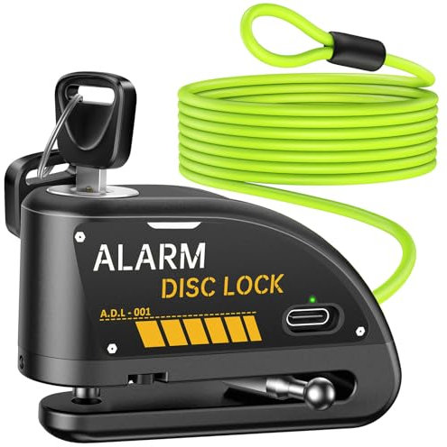 YBLNTEK Blocco disco per moto, ricaricabile, 120 dB, con cavo di promemoria, antifurto per ciclomotore, bicicletta, moto, scooter