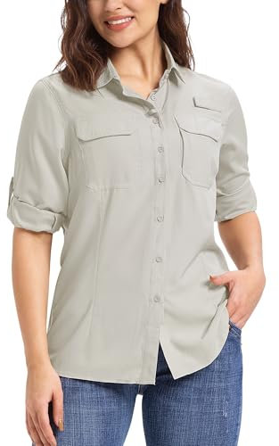33,000ft Hemdbluse Damen UPF50 UV Schutz Hemd Schnelltrocknende Button-Down Shirts Atmungsaktive Wanderhemd Safari Kleidung für Freizeit Angeln Reisen Hellkhaki S