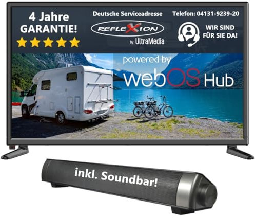 Reflexion LED22iBT Smart-TV 22 Zoll mit Soundbar, Full-HD, WLAN, Bluetooth, HDMI, USB, CI+, 12V-KFZ-Adapter – ideal für Wohnmobile, Wohnwagen, Camper & Boote – inkl. Fernbedienung