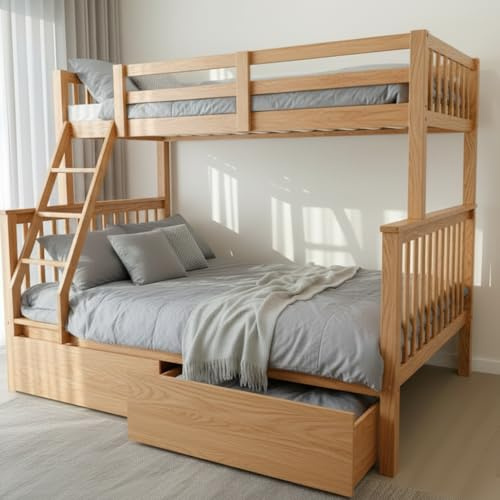 Reinforced Beds, KELLING TRIPLE BUNK BED, Single over Double, Wooden Triple Bunk Bed, Rubbrwood, Solid Wooden Slats, Traditional Bunk Design (Oak with 2 x Drawers)