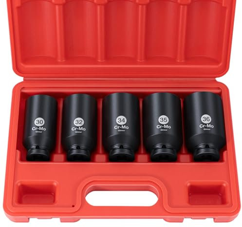 Ginour 5tlg Schlagschrauber Nüsse Set 1/2 Zoll 30-36mm, CR-MO Sechskant Kraft Nuss Achsenmutter Für Auto-Radnabenmuttern, LKW, Große Baumaschinen und Geräte