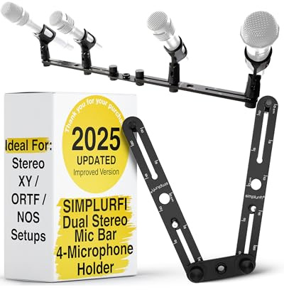 Simplurfi Stereo-Array-Mikrofonhalter mit linierten Markierungen, Halterung für bis zu 4 Mikrofone, X-Y- und ORTF-Mikrofon-T-Bar-Halterung, passend für 3/8-Zoll- und 5/8-Zoll-Mikrofonständer mit