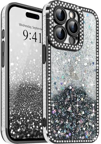 Ethanger for Sparkling Gradient Glitter Case for iPhone 15 Pro Max, Crystal Rhinestone Border Heart Back Cover for Girl Women Shockproof Soft TPU Cover for iPhone 15 Pro Max, Black