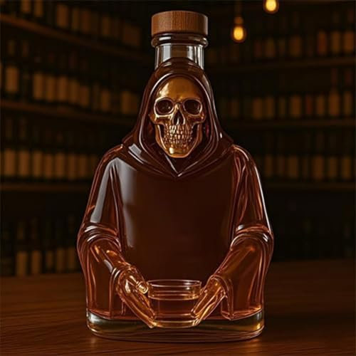 Art Statue - Fun Whiskey Decanter, 2025 New Glass Skull Whiskey Bottle, Collectible Gift, Dark Theme Liquor Dispenser, Home Bar & Office Decor