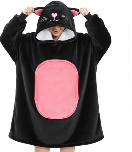 Queenshin Hoodie Decke Oversize Schwarz Katze Tierkörperdecke mit Ärmeln Kuscheldecke Deckenpullover für Damen Herren, Tragbare Erwachsene Sweatshirt Sherpa Warm und Weich