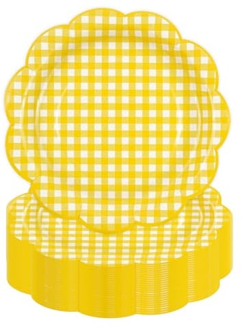 DHAIQC 50Pcs Yellow Gingham Paper Plates, 7Inch Scalloped Paper Plates Cake Dessert Plate for Birthday Family Dinner Picnic Baby Shower Wedding Party Supplies (Yellow)