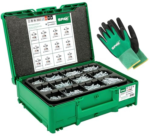 SPAX Montagekoffer Systainer³ T-Loc - 2.475 Schrauben, 5 x T20, Handschuhe | Profi Schraubenkoffer für den Innenausbau - 12 Abmessungen mit 4CUT Spitze, T-STAR plus und Arbeitshandschuhe im Set