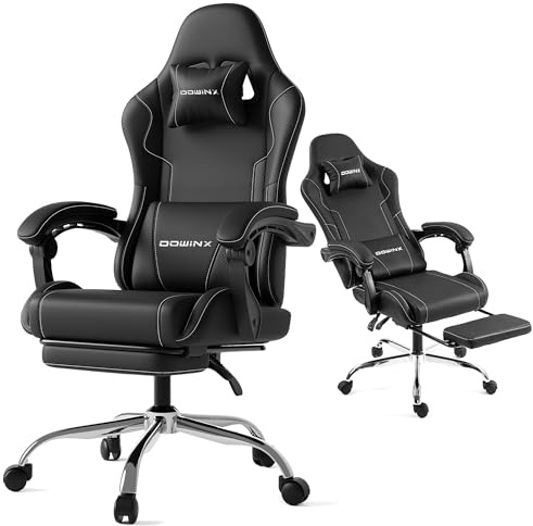Dowinx Gaming Chair with Footrest, Ergonomic Gaming Computer Chairs 180kg with Headrest Pillow Gaming Chair for Adults, Office, Home, Streaming and Long Gaming Sessions, Black