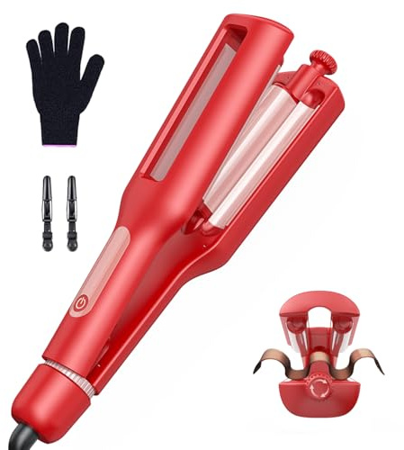 22/25/32/38mm Einstellbar Welleneisen für Haare - 4 In 1 Beach Waves Lockenstab, 3 Fässer Lockeneisen mit Anzeige, Verbrennungsschutz, Schnelle Heizung, 4 Temperaturen(140-210°C), Rosa