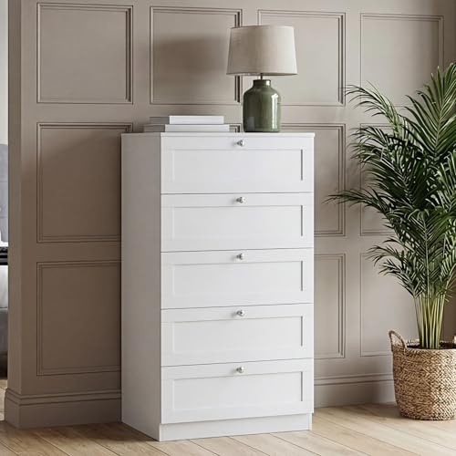 Vida Designs Altino 5 Drawer Chest of Drawers | White | H 121 x W 65 x D 36 cm | Bedroom Storage Unit | Easy Assembly | Clothes Storage Cabinet | Modern Shaker Style Hallway or Guest Room