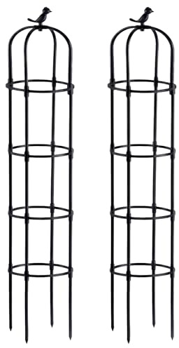 Katomi Rankhilfe Metall 2er-Set 190cm – 11mm Schwerlast Obelisk Rankturm für Tomaten & Kletterrosen – 5 Ebenen, Rostfrei (Kunststoffummantelt) – Rankgitter mit Vogel-Deko für Hochbeet, Schwarz