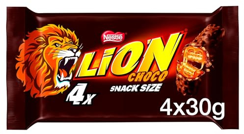 Lion Milk Chocolate Snacksize Bar Multipack, 120g | Multipack of 4 | Crispy filled wafer, chewy caramel & crunchy cereals covered in smooth milk chocolate; perfect for sharing