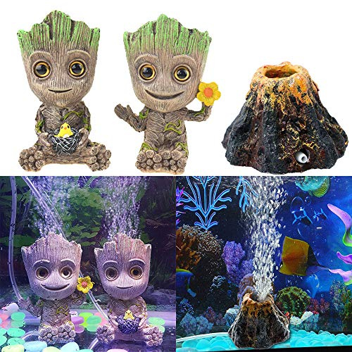 Geenber Aquarium-Dekoration mit Vulkan, niedliche Mini-Baum-Form, Kunstharz, Basteln, Ornament, Sauerstoffpumpe, Luftblasenstein für Aquarien