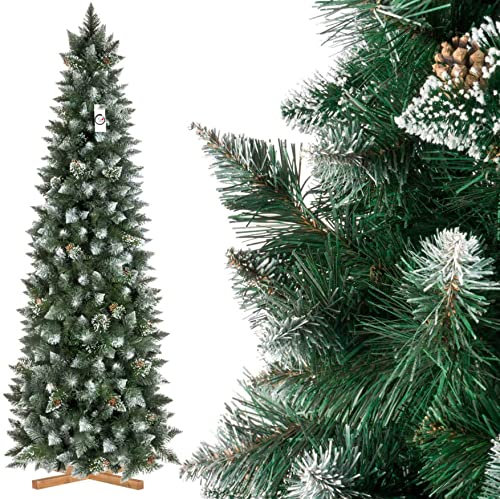 Albero di Natale Artificiale SLIM, Pino innevato Bianco Naturale, Materiale PVC, Vere pigne, incl. Supporto in Legno, 210cm