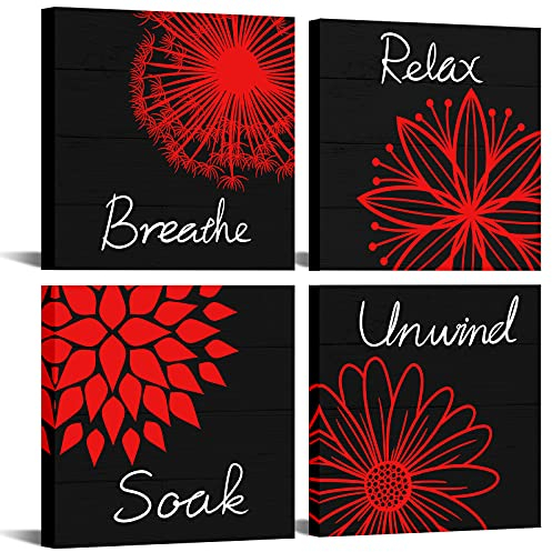 RnnJoile Relax Soak Unwind Breathe Badezimmer Wandkunst 4 Paneele Dahlie Blumen Pusteblume Gemälde Poster Druck auf Leinwand für Badezimmer Spa Yoga Raumdekor schwarz weiß und rot gerahmtes Kunstwerk